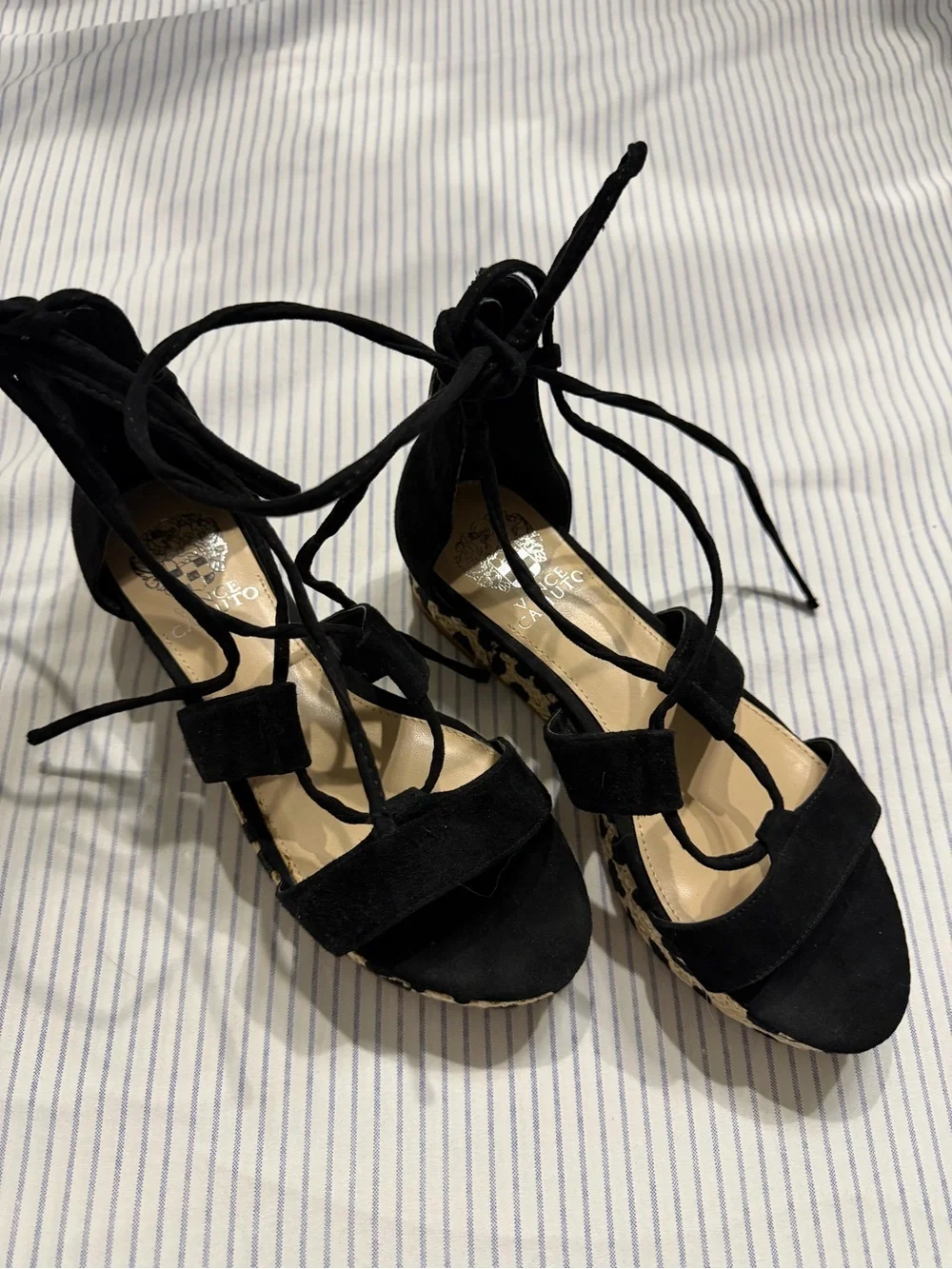 Vince Camuto Black Suede Lace-Up Platform Wedges with Leopard Trim